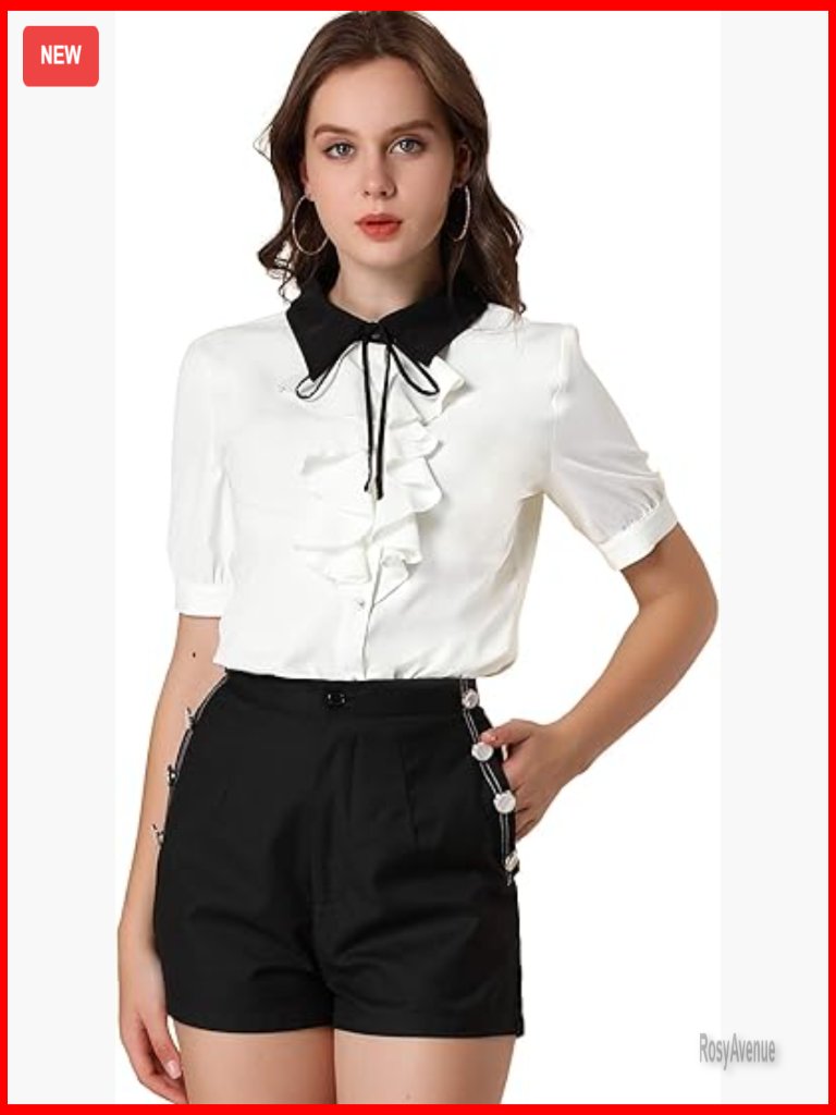 Ruffle Blouse With Bow Tie Neck - Button Down Short Sleeve Work Top